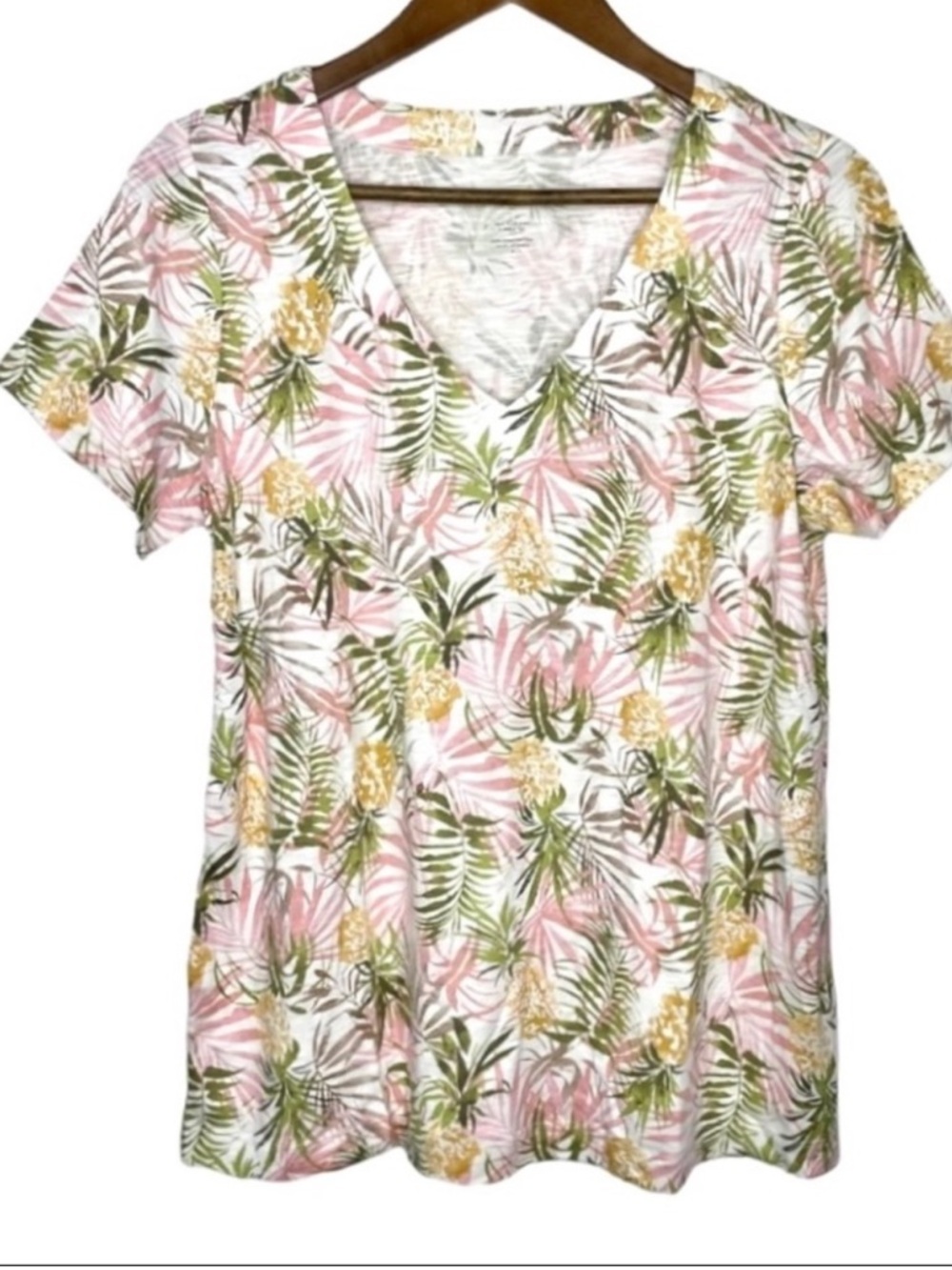J. Jill Pima Slub Knit V-Neck Tee Shirt Pineapple Palm Print Womens Size M NWT - Picture 5 of 16